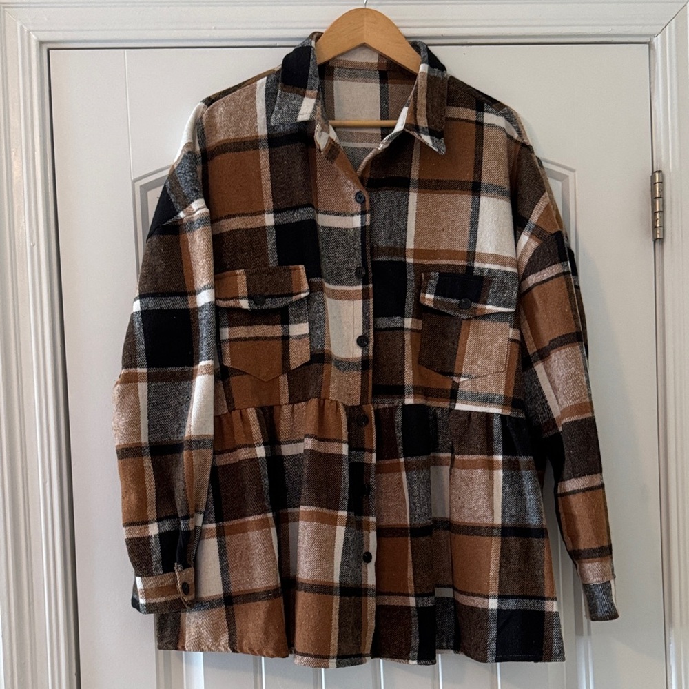 Plus Size Plaid Button-Up Peplum Shirt Jacket - Brown, Black, Ivory Ruffle Hem